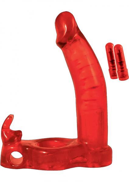 Double Penetrator Rabbit Cockring Vibrating Waterproof Red - ACME Pleasure