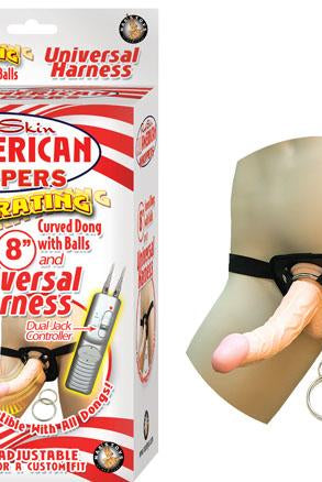 All American Whoppers 8 inches Vibrating Dong & Universal Harness Beige - ACME Pleasure