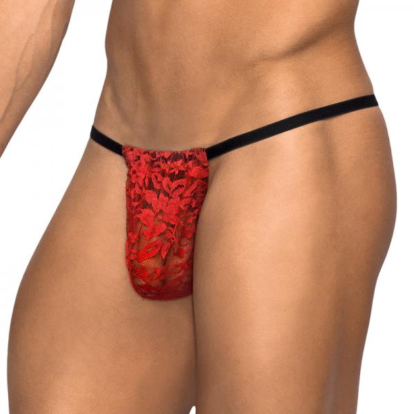 Male Power Stretch Lace Posing Strap Red One Size - ACME Pleasure