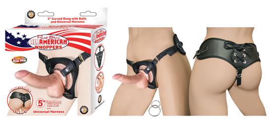 All American Whoppers 5 inches Curved Dong Balls Beige & Universal Harness - ACME Pleasure