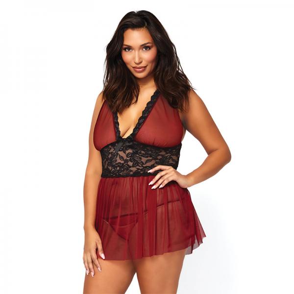 2pc Sheer Halter Babydoll With Floral Lace Empire Waist And Matching G-string 3x-4x Burgundy - ACME Pleasure