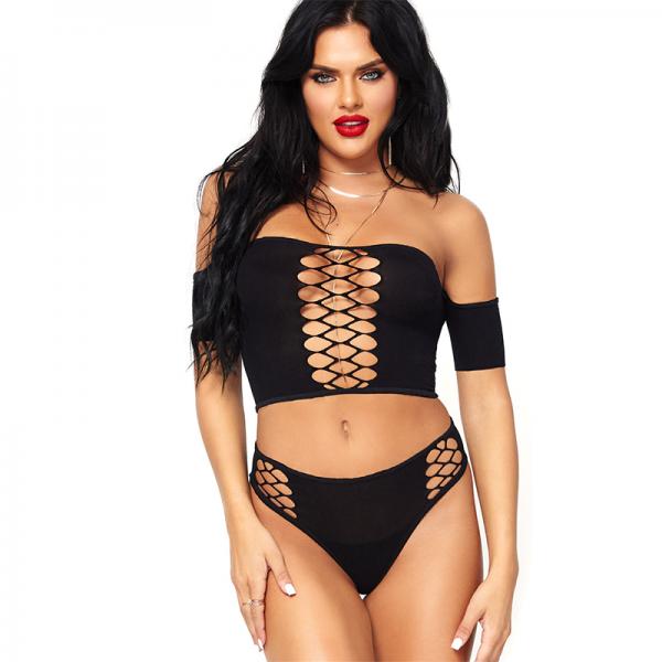 2 Piece Crop Top Net Detail and Thong Back Bottoms Black O/S - ACME Pleasure