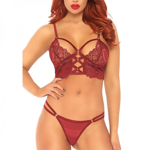 2pc Lace Bralette With Cage Strap O-ring Bodice Detail And Matching Duel Strap Sheer G-string - ACME Pleasure