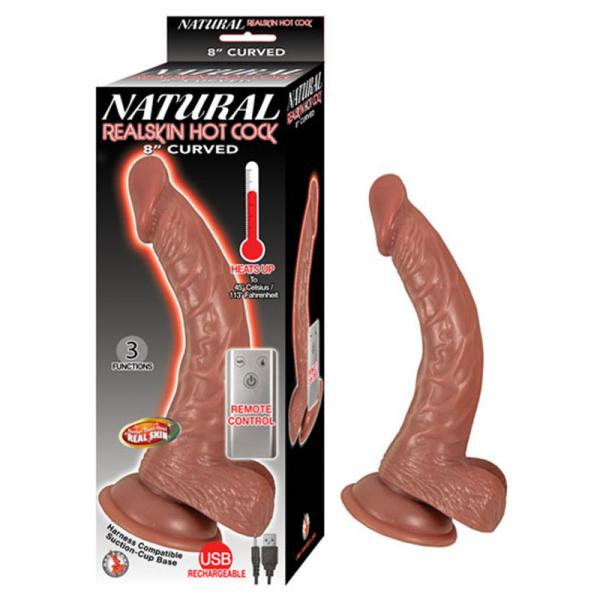 Natural Realskin Hot Cock Curved 8in Heats To 113 Degrees 3 Function Harness Compatible Rechargeable - ACME Pleasure