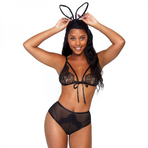 3 Pc Bedroom Bunny, Includes Eyelash Lace Cage Strap Bra Top, Cheeky Backless Panty With Fluffy Tail - ACME Pleasure