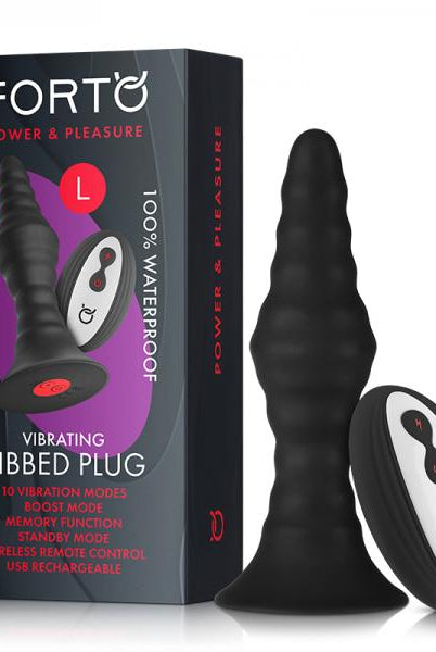 Forto Vibrating Ribbed Plug W/remote  Large Blk - ACME Pleasure