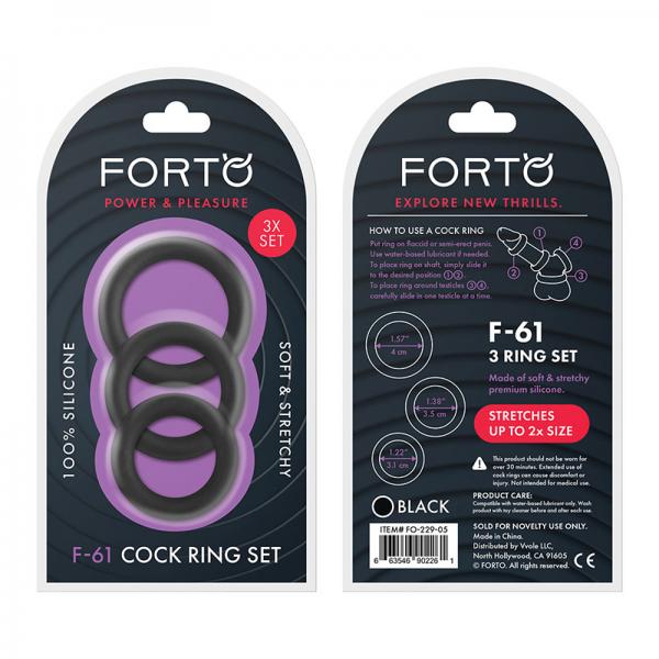 Forto F-61: 3 Piece C-ring Set 100% Silicone (1.2in,1.38in 1.57in) Black - ACME Pleasure