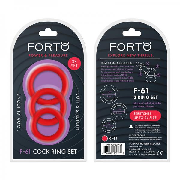 Forto F-61: 3 Piece C-ring Set 100% Silicone (1.2in, 1.38in 1.57in) Red - ACME Pleasure