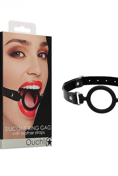 Ouch! Silicone Ring Gag With Leather Straps - Black - ACME Pleasure